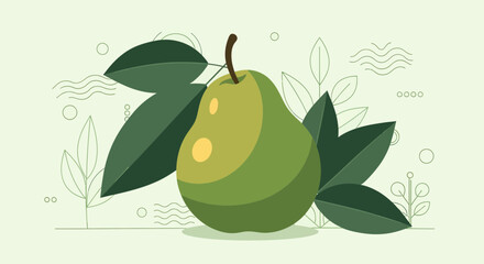 Vibrant Illustration of a Green Pear with Leaves Against a Soft Background Design
