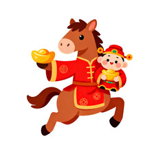 Obraz premium [Transparent Background PNG]Cartoon horse with a child holding gold ingots for Chinese New Year