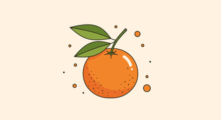 Vibrant Illustration of a Mandarin Orange, Complete with Leafy Sprig and Sparkling Accents