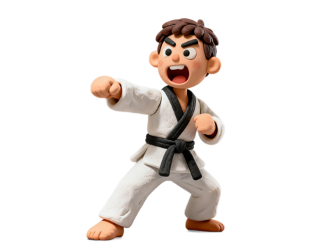 [Transparent Background PNG]Young martial artist in karate uniform demonstrating a fighting stance