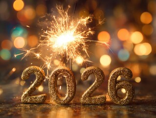 Golden 2026 numbers with sparkler and bokeh lights