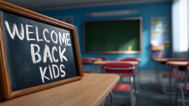 A welcoming classroom scene featuring a chalkboard with 'Welcome Back Kids' written on it, ready for new adventures.