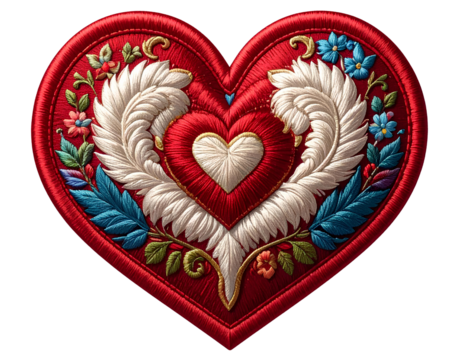 heart embroidered patch badge isolated on transparent background.