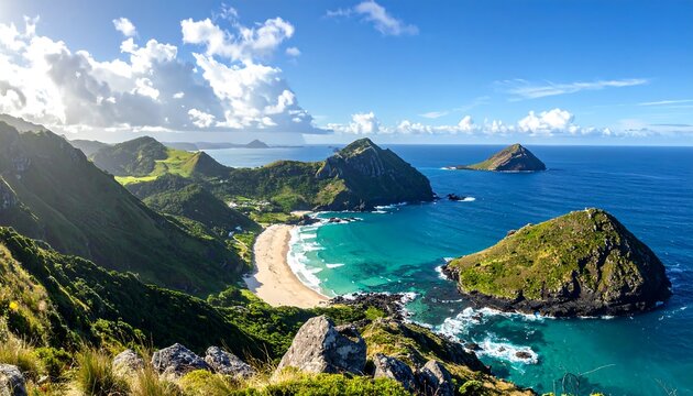 A sweeping scenic vista. Rolling green hills meet a pristine sandy beach and turquoise waters under a bright blue sky