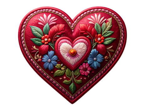 heart embroidered patch badge isolated on transparent background.