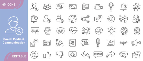 Social Media and Communication Icons – Chat, Message, Network, Smartphone, Internet, Connection, Online Interaction, and Digital Communication Symbols