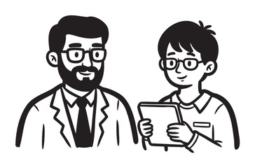 Black and white illustration of two smiling men, an adult and a young male, both wearing glasses, engaged in a conversation with a tablet in hand.