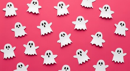 Obraz premium Photo of a playful pattern of cute, white paper ghosts scattered across a vibrant pink background, evoking a fun and festive halloween theme
