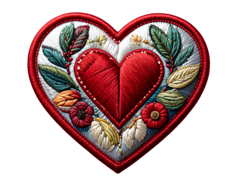 heart embroidered patch badge isolated on transparent background.