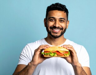 A smiling, handsome man in a white t-shirt holds a freshly made sandwich, which is presented against a plain, muted blue studio background.