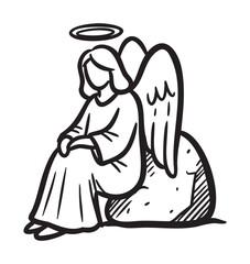 Black outline drawing of a serene angel with wings and a halo, sitting on a rock in a peaceful pose.