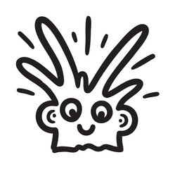 Obraz premium Black outline drawing of a whimsical character with large eyes, spiky hair, and a joyful expression, surrounded by dynamic lines.