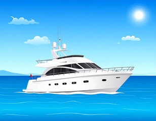 Naklejka premium A pristine white yacht glides gracefully on calm, azure waters under a bright sun, with fluffy clouds in the clear sky