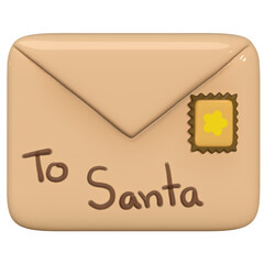 A 3D rendered, cute, beige envelope addressed To Santa with a small yellow star stamp