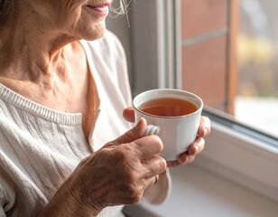An elderly woman is shown in a close-up, gently holding a white cup of tea while looking out a window, conveying a mood of peaceful relaxation.