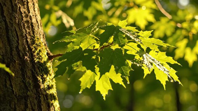 Maple Leaves with Morning Dew - Close-up of bright green maple leaves covered in dewdrops on a tree branch. The tree trunk is visible on the left side of the frame with moss growing on it.