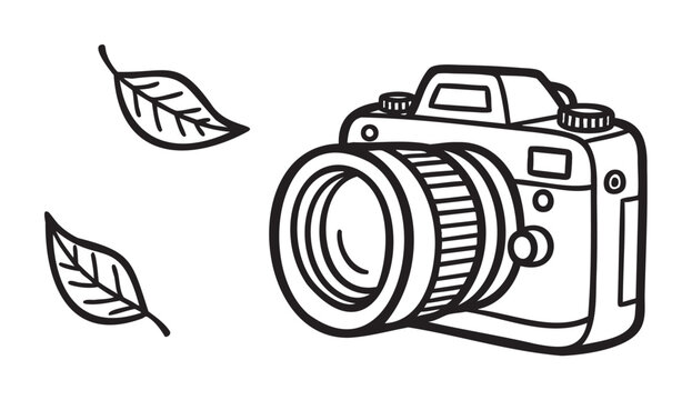 Black outline drawing of a digital camera with detailed lens and two floating leaves. simple and minimal design suited for photography and nature themes.