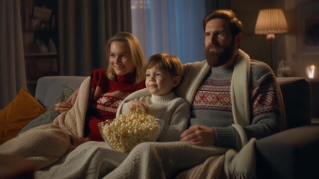 Cinematic video of family wearing sweaters and watching old movies together in living room surrounded by blankets popcorn and dim lighting symbolizing comfort nostalgia and togetherness perfect for co