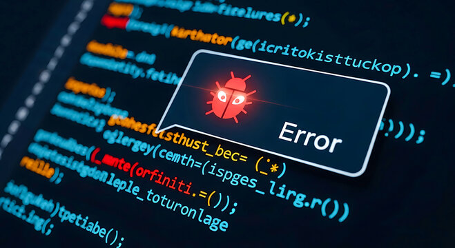 Computer screen displaying code with a red bug error message