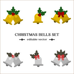 Christmas bells icon set in golden and silver color. Flat editable vector ideal for holiday season, xmas celebration and graphic resources for Christmas greeting card design.