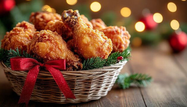 Crispy golden fried chicken in a basket, adorned with a red ribbon and pine, against a blurred background of warm holiday lights, perfect for a festive meal