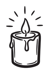 Black outline vector icon of a simple burning candle with a flame and melting wax drips, emitting rays of light.