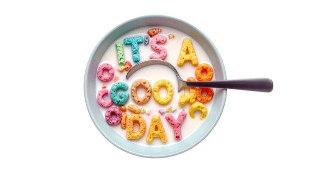 Bowl of cereal with colorful alphabet pieces spelling "It's a good day - Powered by Adobe
