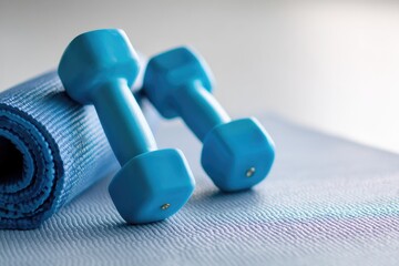 Close-up of two blue dumbbells resting on a rolled yoga mat in soft light, ideal for fitness blogs, gym advertisements, home workout concepts, and healthy lifestyle promotions