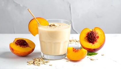 A refreshing peach smoothie in a clear glass, garnished with fruit and a straw. Several peach halves surround it