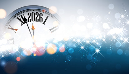 Festive clock striking midnight with blue, white, and gold sparkles celebrating 2026. Vector illustration. © Vjom