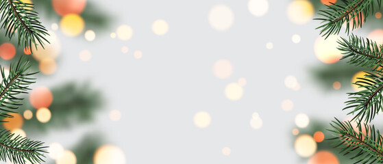 Vector illustration of Christmas fir branches with glowing lights, creating a festive decorative frame for holiday greeting cards. © Vjom