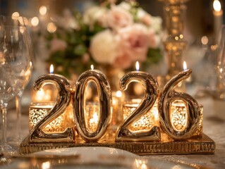 2026 candles on a festive table with floral decor