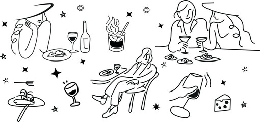 Trendy minimalist dinner illustration set &mdash; perfect for cafe branding, social media, and menu backgrounds.