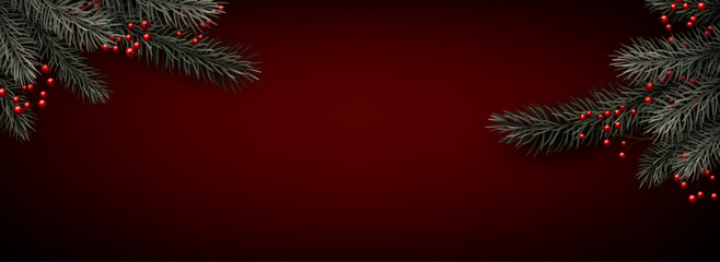 Elegant red holiday background with green pine branches and red berries on corners. Vector illustration.