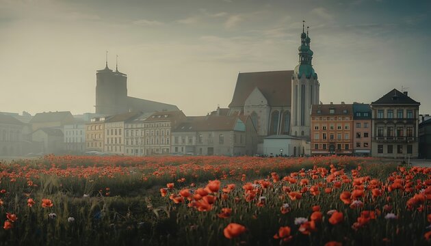 Red poppy field in front of historic European city buildings and church red poppies flowers - Powered by Adobe