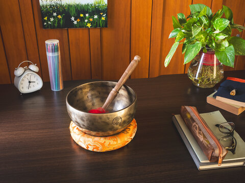 Singing Bowl on a desk, morning light