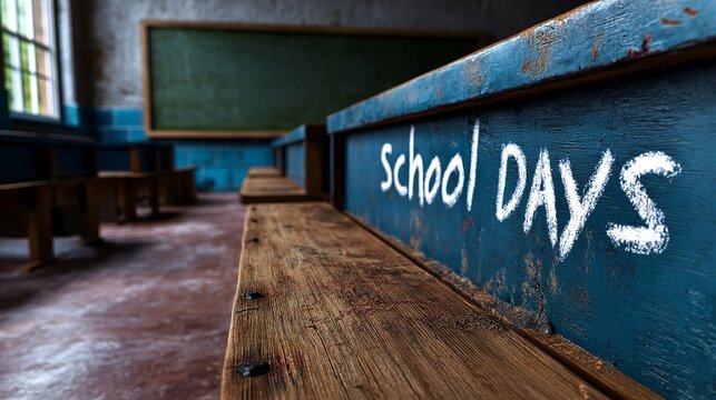 An empty classroom with rustic wooden benches and a chalkboard, evoking nostalgia for school days.