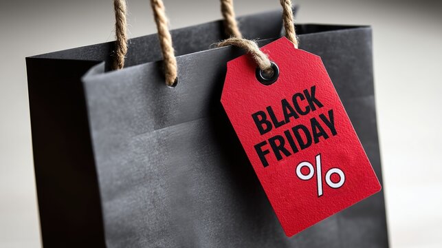 &Aacute;&permil;tiquette rouge Black Friday avec pourcentage sur sacs shopping noirs
