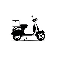 Obraz premium Classic scooter delivery icon. Vintage moped silhouette for fast urban transport, express food service, or parcel delivery.