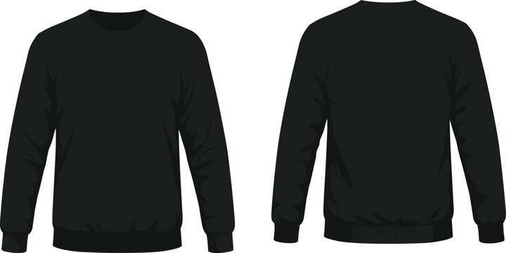 Black sweatshirt, crew neck, long sleeve, plain design, front view, back view, fashion mockup, apparel template, casual wear, versatile clothing