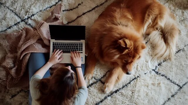 A person and a dog are seated on a rug, with the person typing on a laptop. The dog is lying down, resting its head on the persons lap.