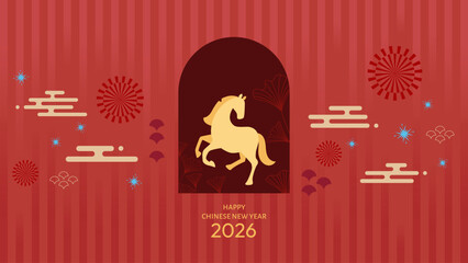 Chinese New Year 2026 greeting card featuring a golden horse silhouette on a red background with traditional Asian patterns, fireworks, and clouds. Festive design celebrating the Year of the Horse.