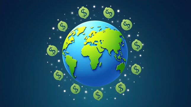 Global finance concept dynamic earth surrounded by floating dollar signs symbolizing worldwide investment and prosperity