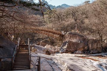 Wooden bridge and rocky stairs in Seoraksan National Park, Sokcho, South Korea