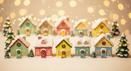 Charming miniature christmas village with snowcovered houses, trees, and twinkling lights creating a festive scene