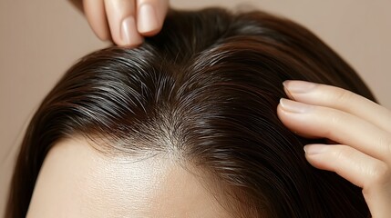 Naklejka premium Close-Up of Scalp and Hair Roots Showing Early Gray Strands in Healthy Dark Brown Hair Parted by Fingers for Hair Care Insight