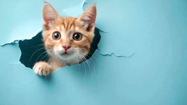 A closeup of a ginger kitten peeking out of a hole in a blue background. The kittens fur is a warm orange with white markings, and its eyes are a striking shade of blue.