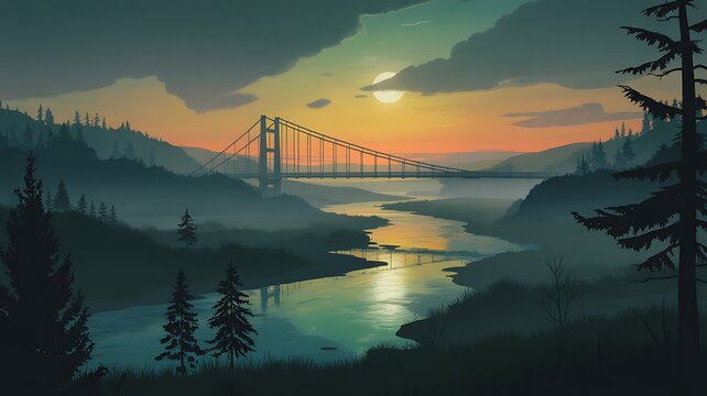Golden Gate Bridge at Sunset with Foggy River Landscape San Francisco California