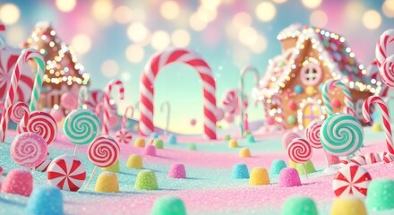 Whimsical candy land landscape with gingerbread houses, lollipops, and gumdrops creating a sweet and magical scene