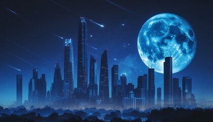 Blue moon over futuristic cityscape with shooting stars night